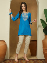 Women's Blue Rayon Embroidered Straight Short Kurti