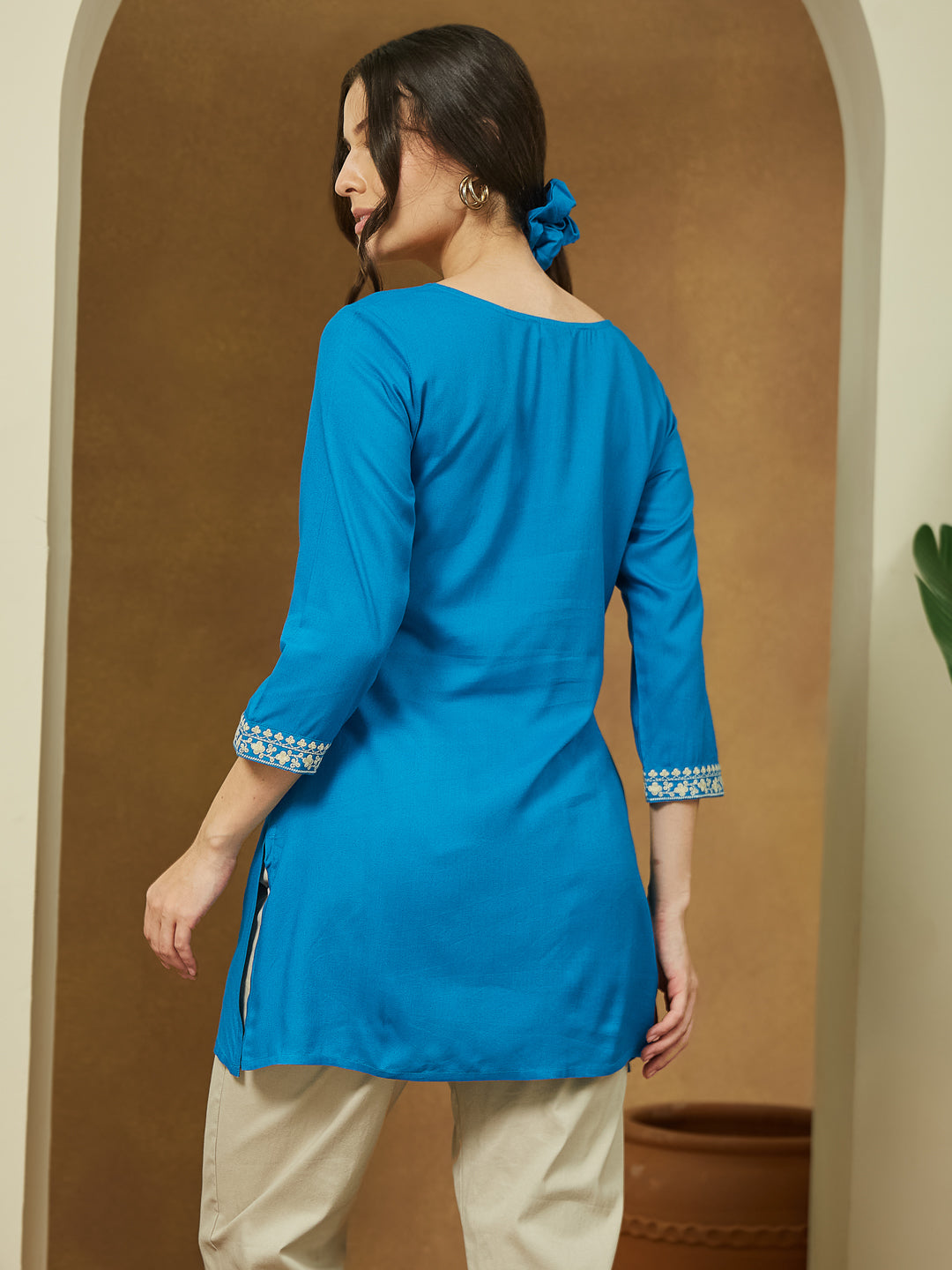 Women's Blue Rayon Embroidered Straight Short Kurti