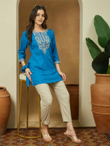 Women's Blue Rayon Embroidered Straight Short Kurti