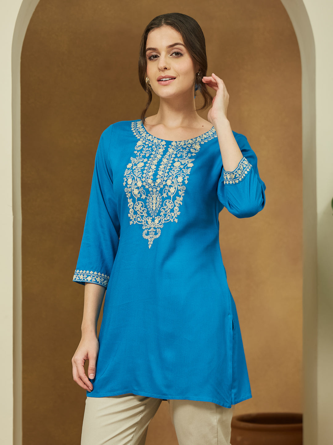 Women's Blue Rayon Embroidered Straight Short Kurti
