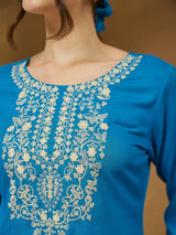 Women's Blue Rayon Embroidered Straight Short Kurti