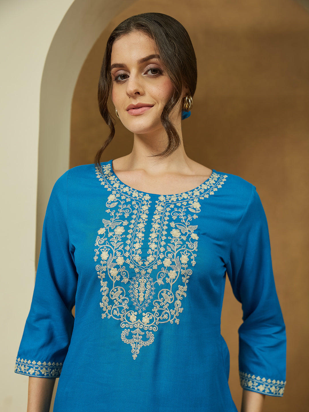 Women's Blue Rayon Embroidered Straight Short Kurti