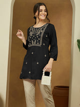 Women's Black Rayon Embroidered Straight Short Kurti