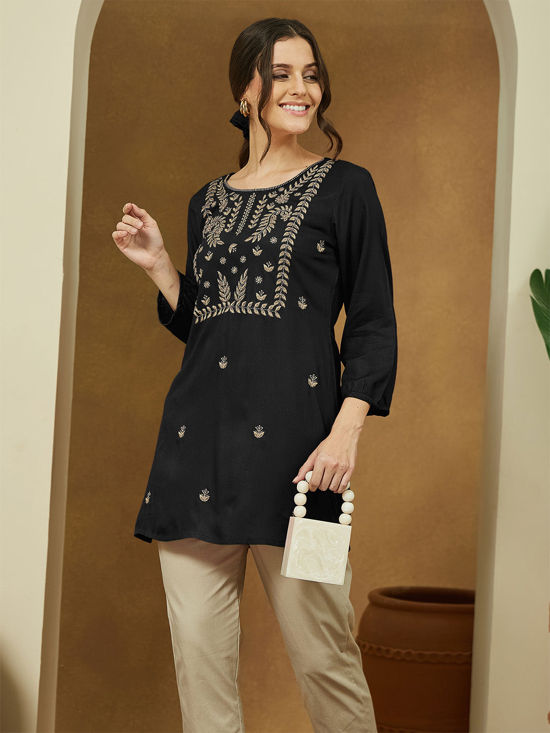 Women's Black Rayon Embroidered Straight Short Kurti