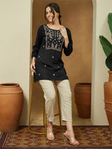 Women's Black Rayon Embroidered Straight Short Kurti
