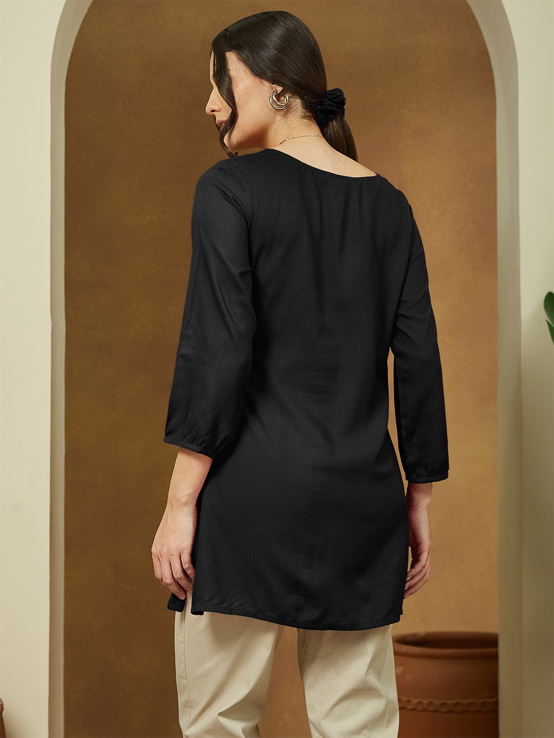 Women's Black Rayon Embroidered Straight Short Kurti