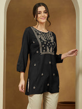 Women's Black Rayon Embroidered Straight Short Kurti