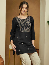 Women's Black Rayon Embroidered Straight Short Kurti