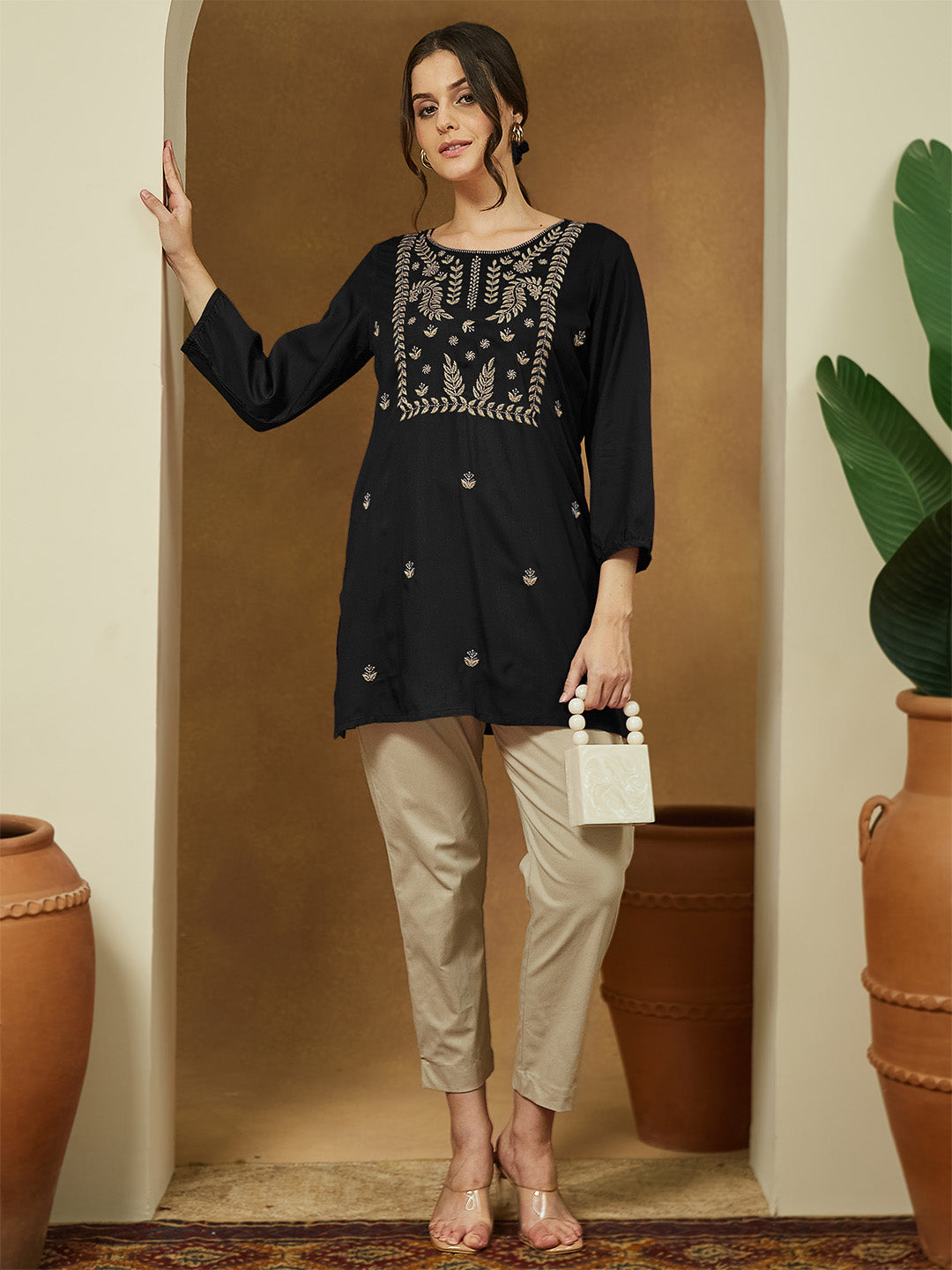 Women's Black Rayon Embroidered Straight Short Kurti
