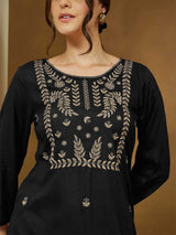 Women's Black Rayon Embroidered Straight Short Kurti