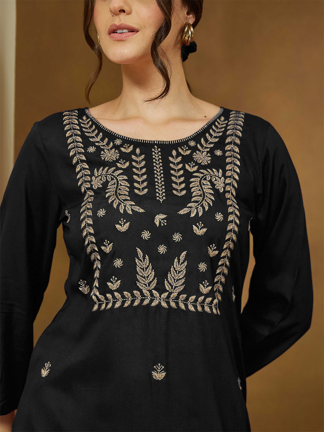 Women's Black Rayon Embroidered Straight Short Kurti