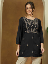 Women's Black Rayon Embroidered Straight Short Kurti