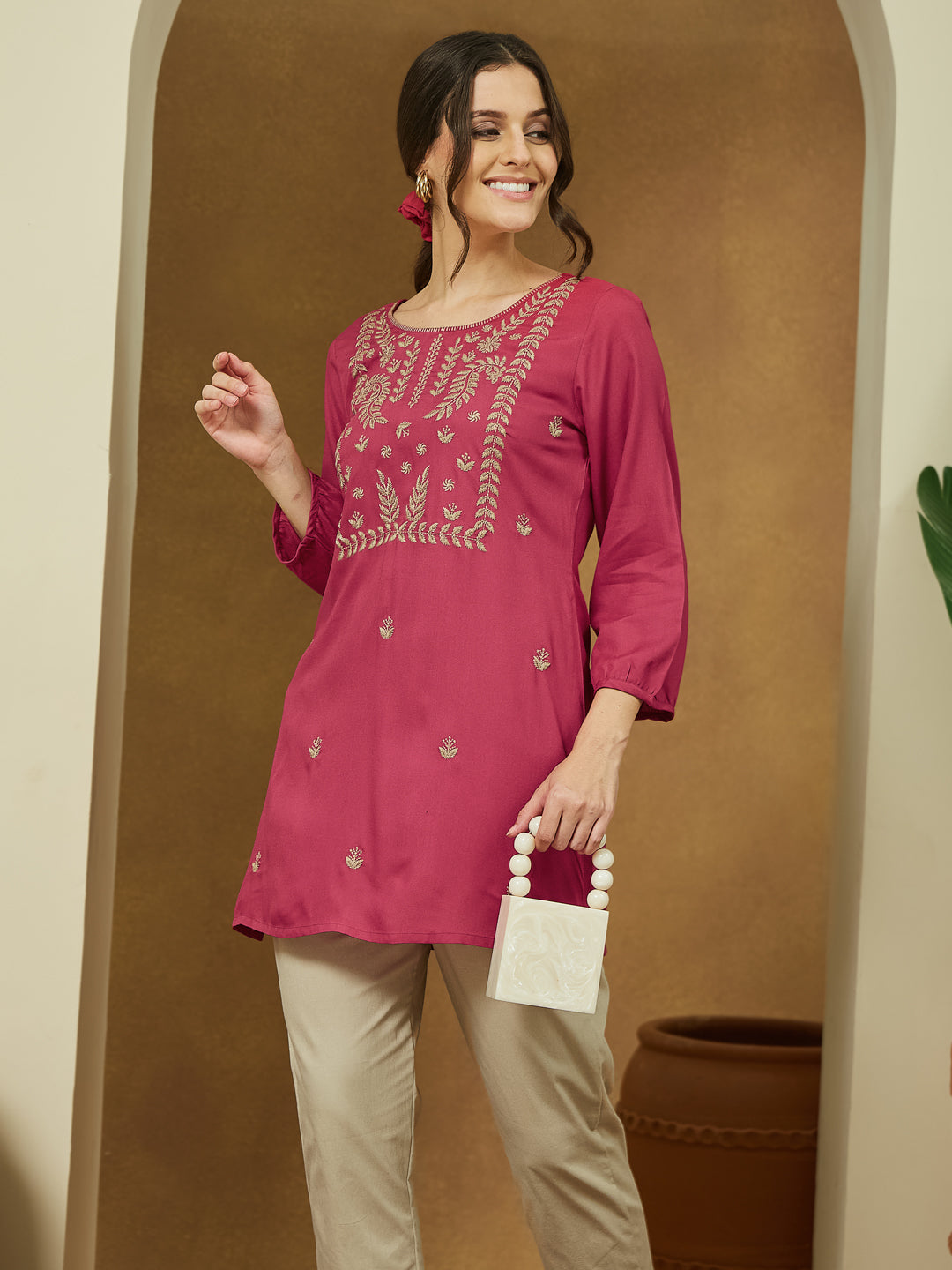Women's Magenta Pink Rayon Embroidered Straight Short Kurti