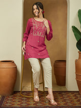 Women's Magenta Pink Rayon Embroidered Straight Short Kurti