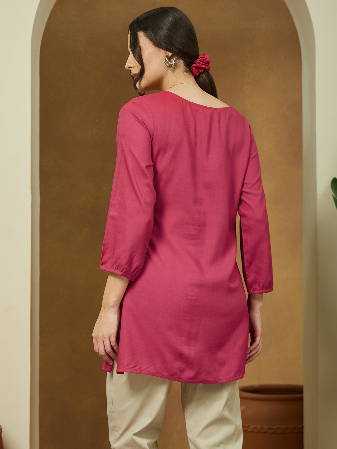 Women's Magenta Pink Rayon Embroidered Straight Short Kurti