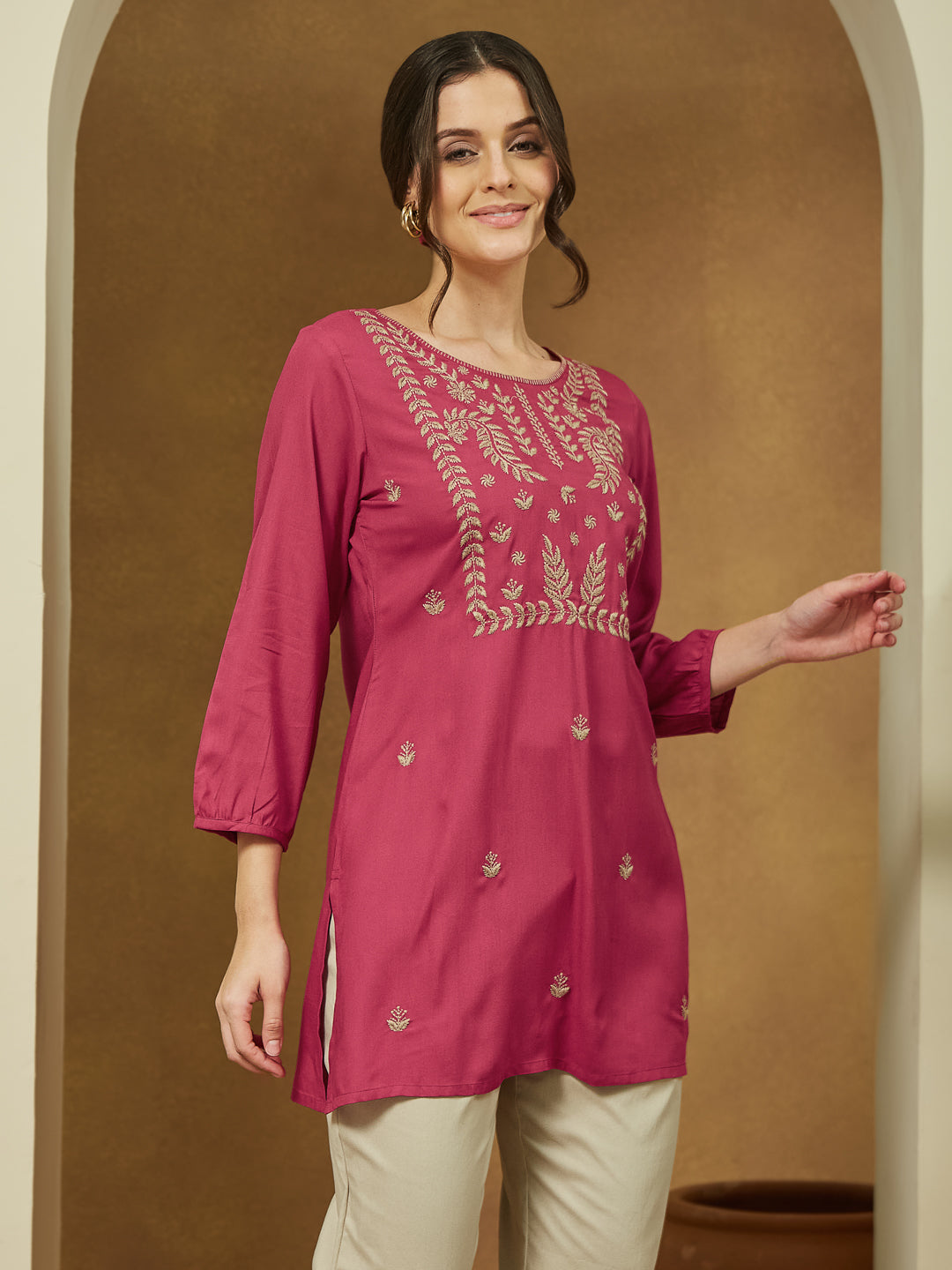 Women's Magenta Pink Rayon Embroidered Straight Short Kurti