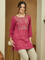 Women's Magenta Pink Rayon Embroidered Straight Short Kurti