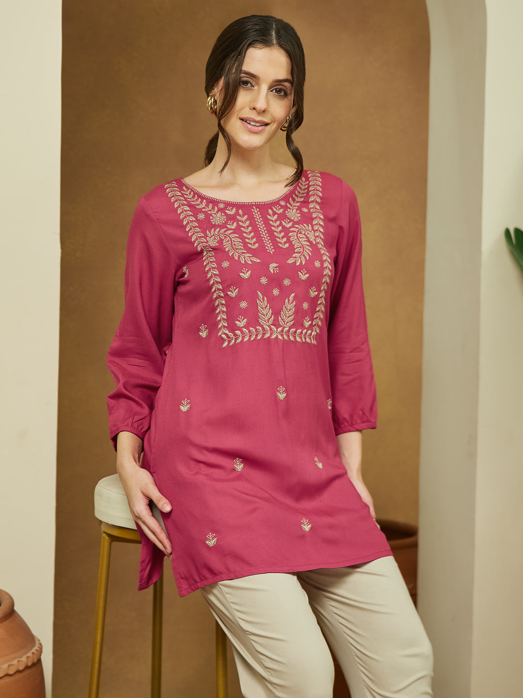 Women's Magenta Pink Rayon Embroidered Straight Short Kurti