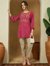 Women's Magenta Pink Rayon Embroidered Straight Short Kurti