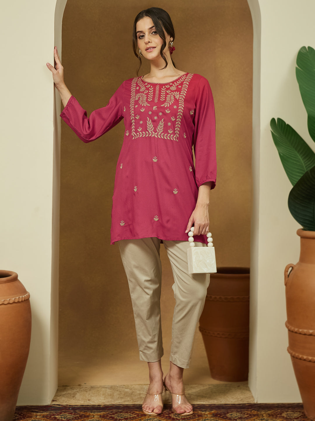 Women's Magenta Pink Rayon Embroidered Straight Short Kurti