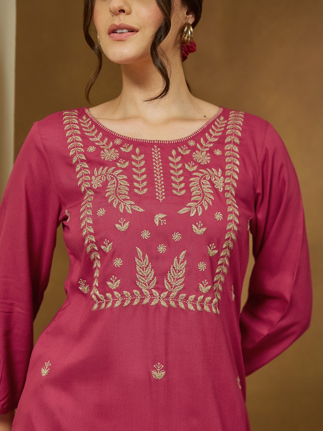 Women's Magenta Pink Rayon Embroidered Straight Short Kurti