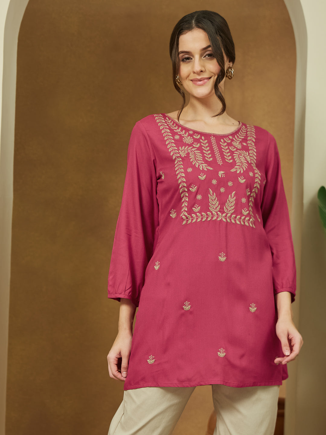 Women's Magenta Pink Rayon Embroidered Straight Short Kurti