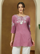 Women's Purple Pure Cotton Embroidered Straight Tunic