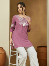 Women's Purple Pure Cotton Embroidered Straight Tunic