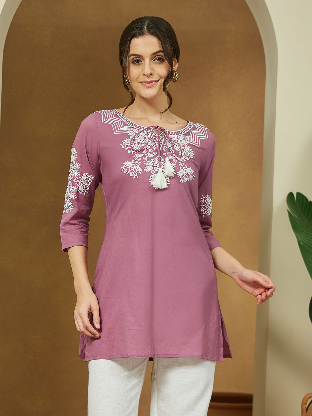 Women's Purple Pure Cotton Embroidered Straight Tunic