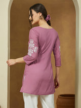 Women's Purple Pure Cotton Embroidered Straight Tunic