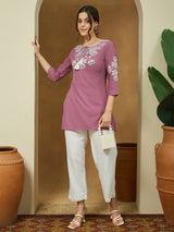 Women's Purple Pure Cotton Embroidered Straight Tunic