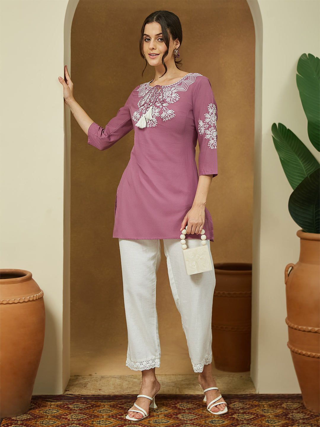 Women's Purple Pure Cotton Embroidered Straight Tunic