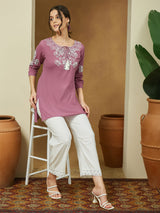 Women's Purple Pure Cotton Embroidered Straight Tunic