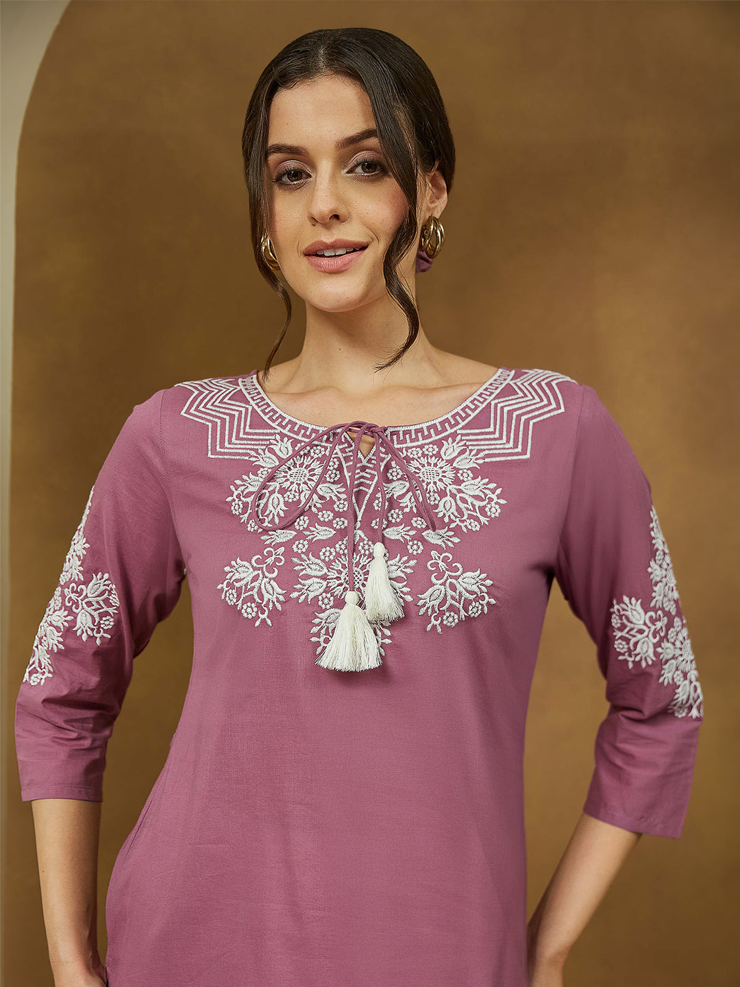 Women's Purple Pure Cotton Embroidered Straight Tunic