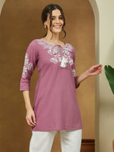 Women's Purple Pure Cotton Embroidered Straight Tunic