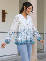 White Georgette Digital Print Flared Top