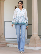 White Georgette Digital Print Flared Top