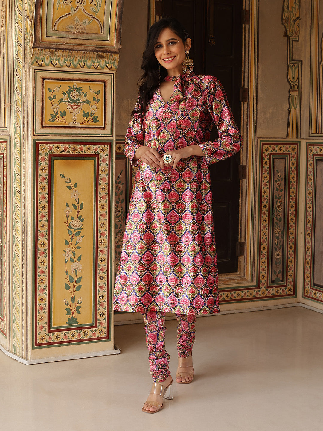 Multicolor Floral Print Kurta With Churidar