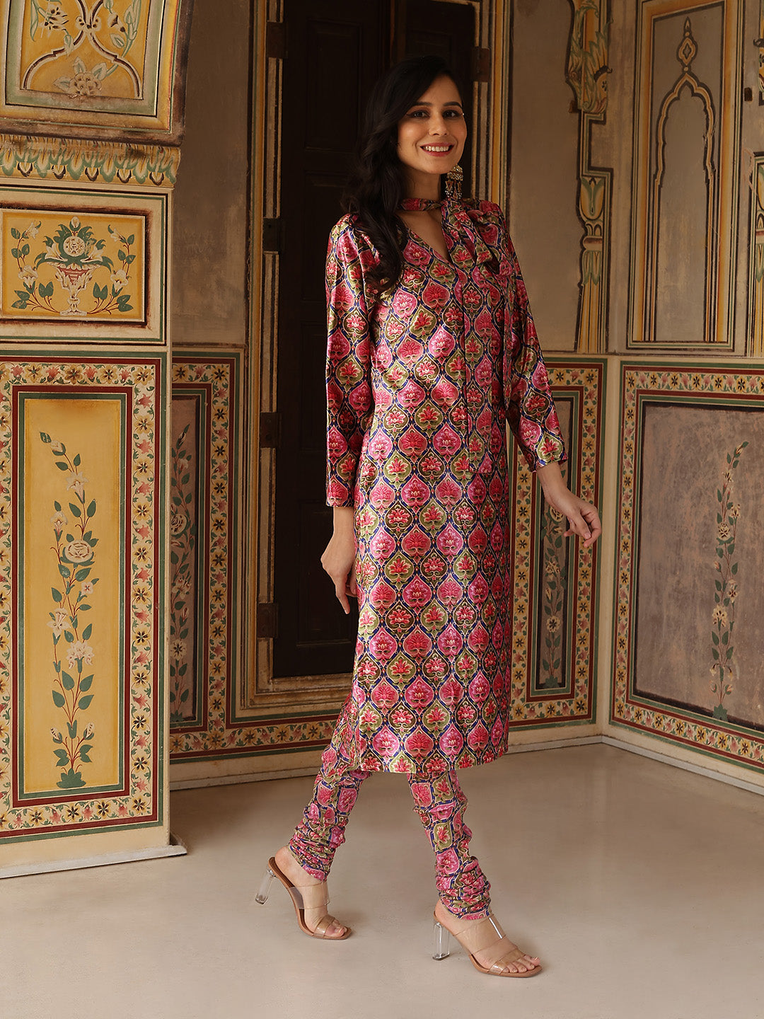 Multicolor Floral Print Kurta With Churidar