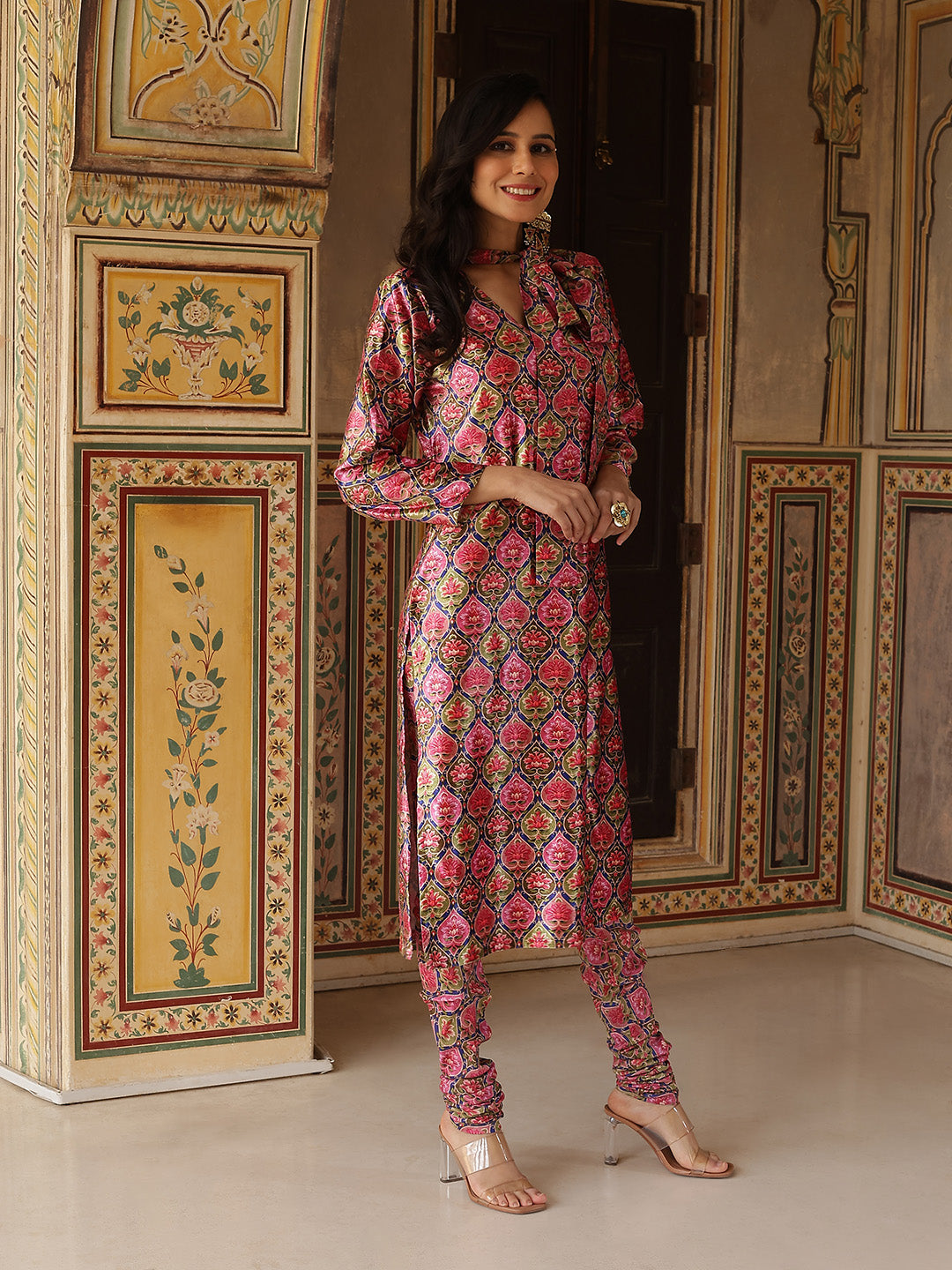 Multicolor Floral Print Kurta With Churidar
