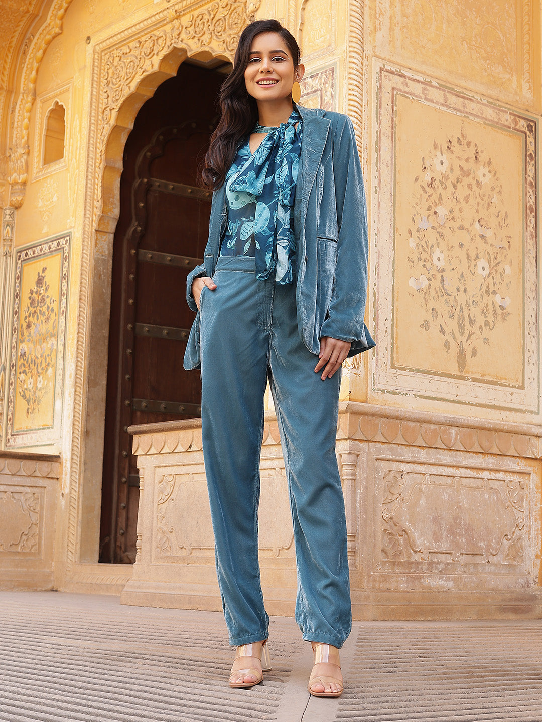 Blue Velvet Blazer With Pant