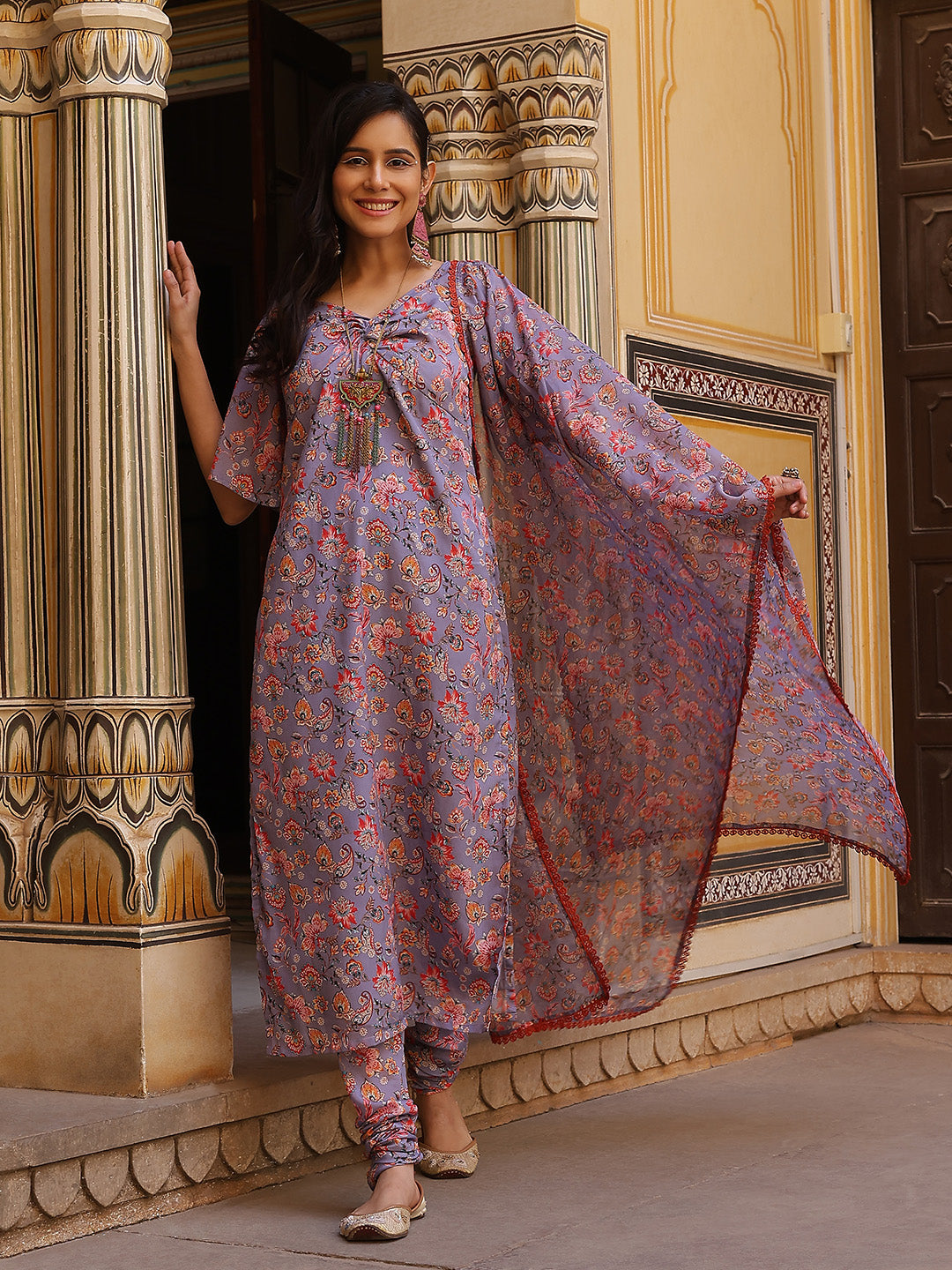 Lavender Floral Print Twisted Neck Kurta Churidar With Dupatta - Elganza