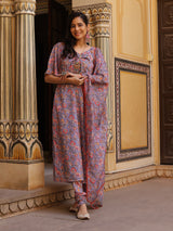 Lavender Floral Print Twisted Neck Kurta Churidar With Dupatta - Elganza