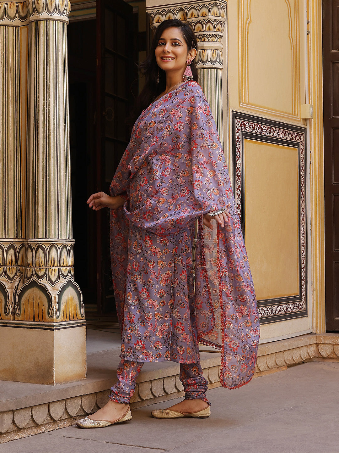 Lavender Floral Print Twisted Neck Kurta Churidar With Dupatta - Elganza