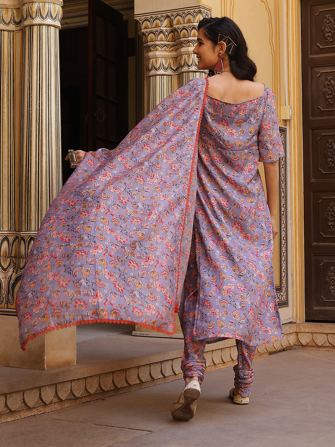 Lavender Floral Print Twisted Neck Kurta Churidar With Dupatta - Elganza