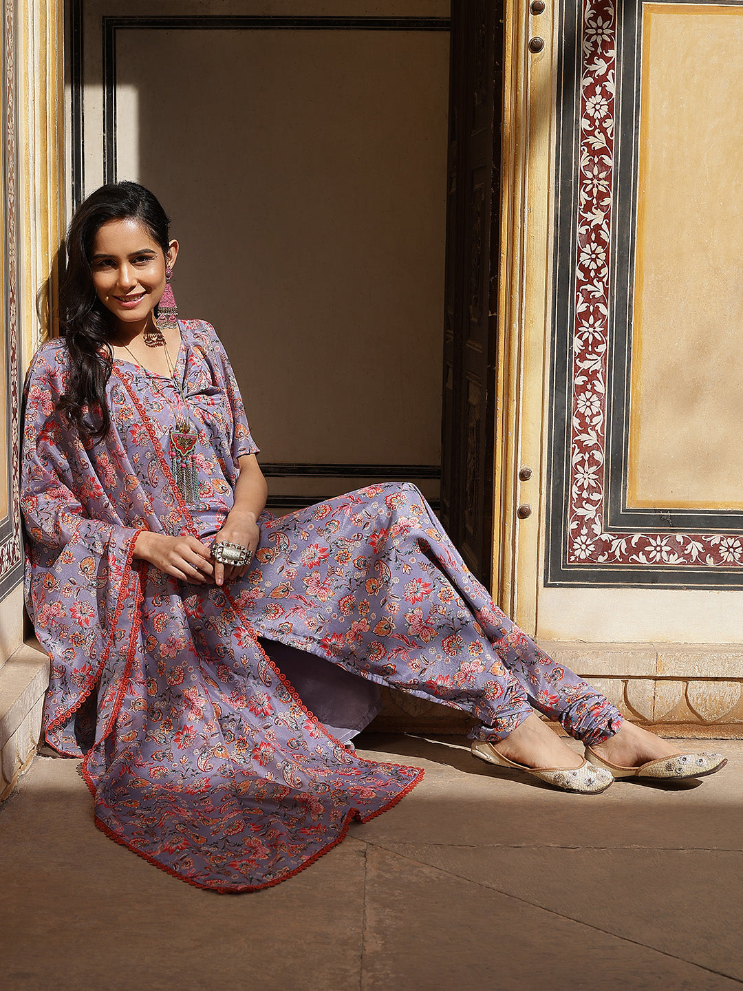 Lavender Floral Print Twisted Neck Kurta Churidar With Dupatta - Elganza