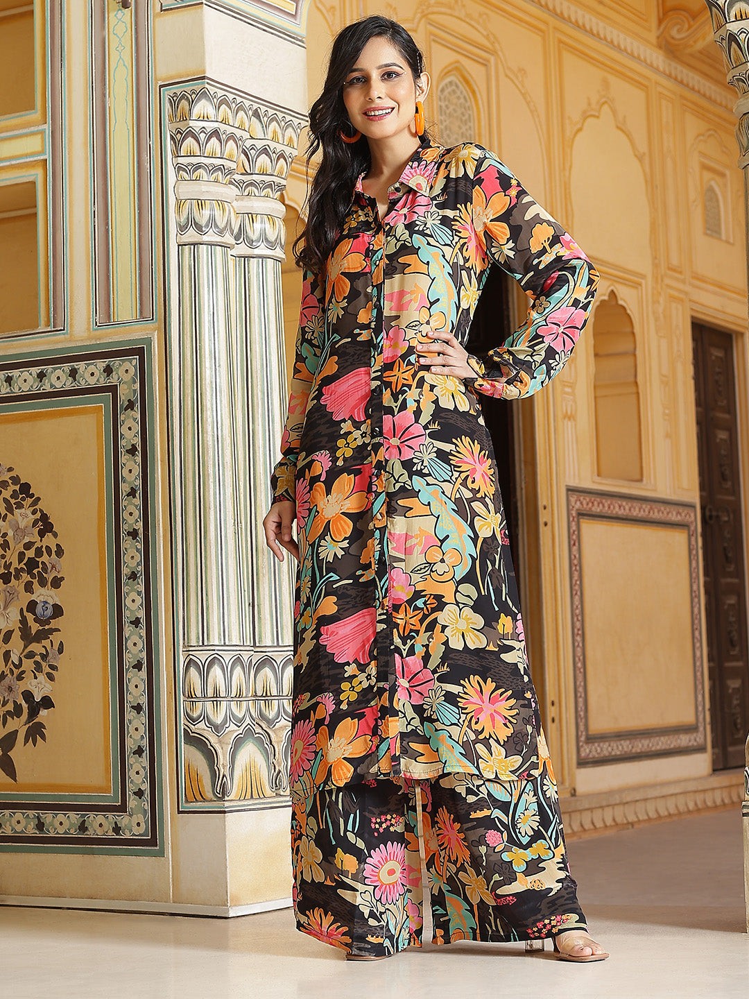 Black Floral Print Button Down Kurta With Pant - Elganza