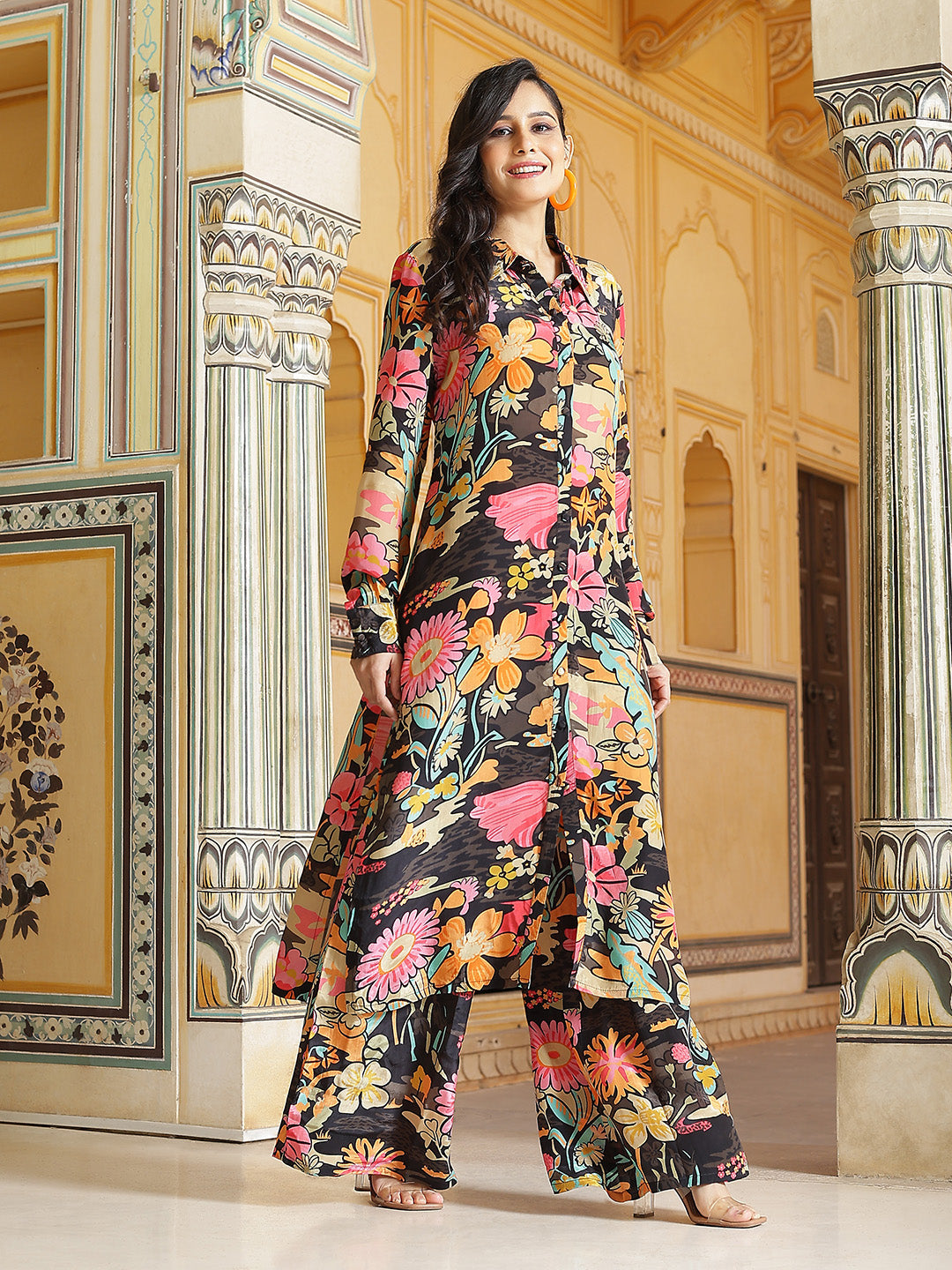 Black Floral Print Button Down Kurta With Pant - Elganza
