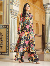 Black Floral Print Button Down Kurta With Pant - Elganza
