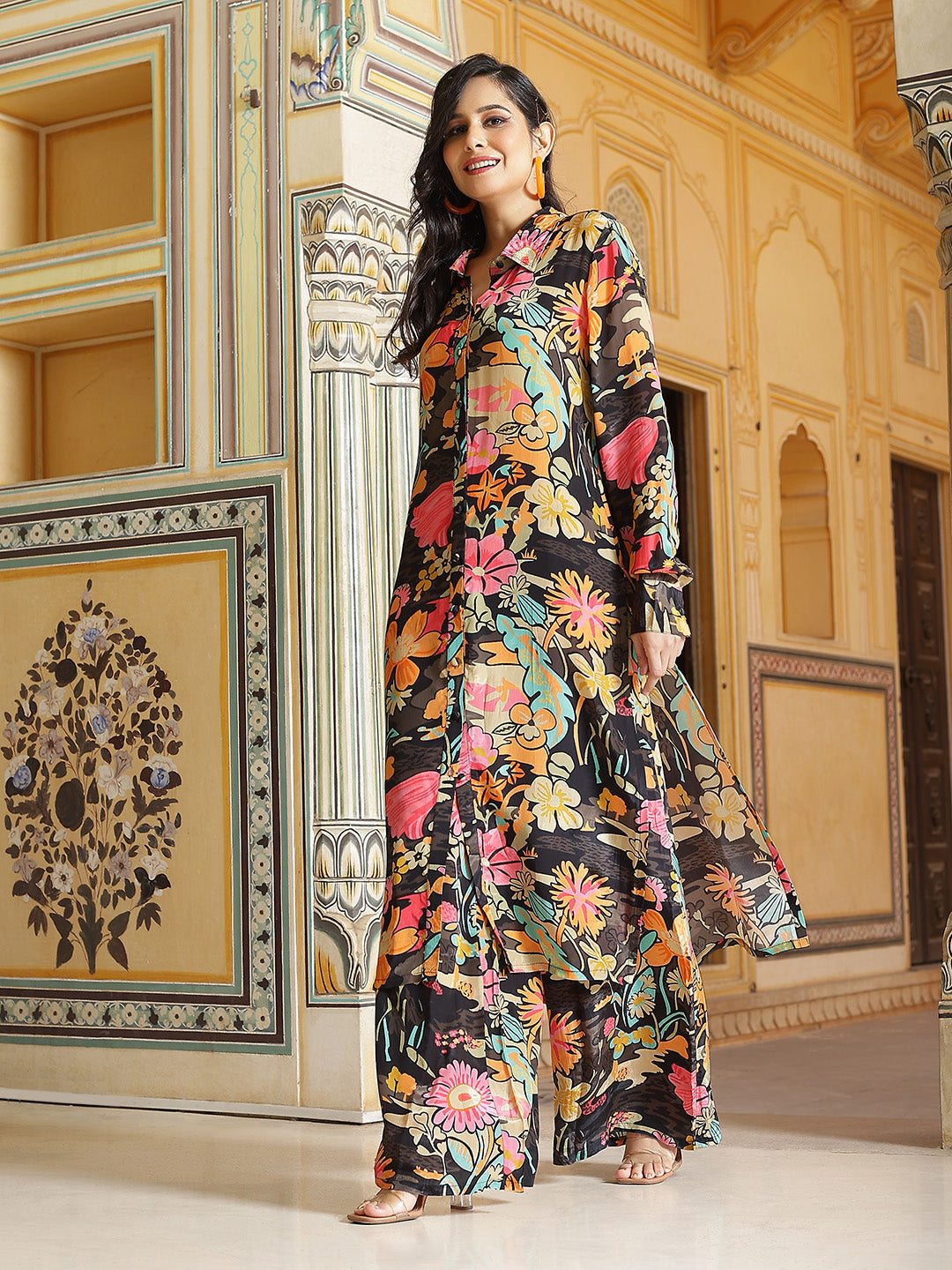 Black Floral Print Button Down Kurta With Pant - Elganza